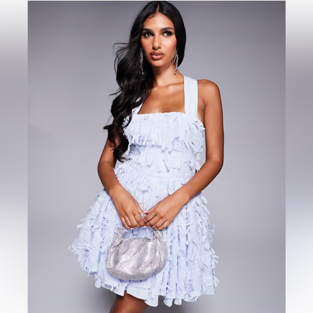 ASOS LUXE baby blue dress adjustable bow back. Perfectly hides any belly bulge